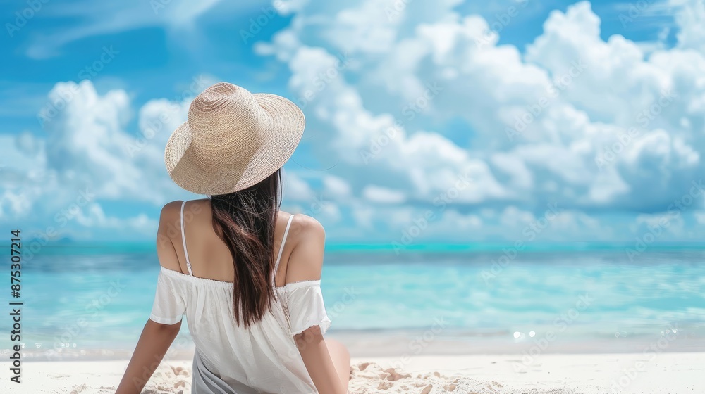 Blissful Asian Woman Relaxing on Beach with Blue Sky Background, Serene Vacation Escape Concept Blissful Asian Woman Relaxing on Beach with Blue Sky Background, Serene Vacation Escape Concept