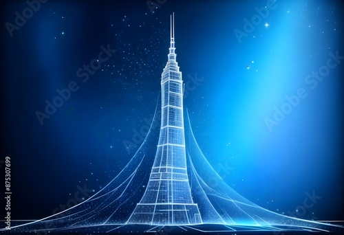 Wallpaper Mural Sckyscraper drawing on a dark Blue background, light on the base, light Lines frame behind It, sparkling aura around It, stars in the background  Torontodigital.ca