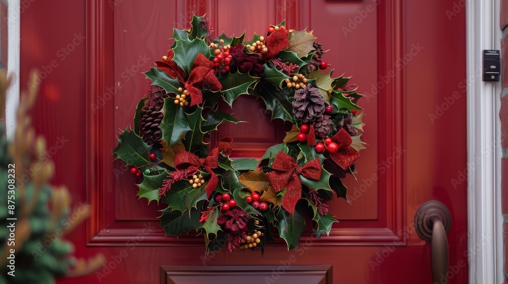 Traditional holiday wreath hanging on a red door Decorate with festive decorations like red berries, pine cones, and colorful bows. Welcome guests with a touch of the holiday spirit. Traditional holiday wreath hanging on a red door Decorate with festive decorations like red berries, pine cones, and colorful bows. Welcome guests with a touch of the holiday spirit.