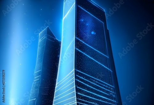 Sckyscraper drawing on a dark Blue background, light on the base, light Lines frame behind It, sparkling aura around It, stars in the background  photo