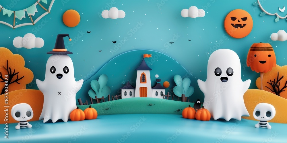 Cute Halloween Ghosts and Jack-o'-Lantern in a Festive Scene Cute Halloween Ghosts and Jack-o'-Lantern in a Festive Scene