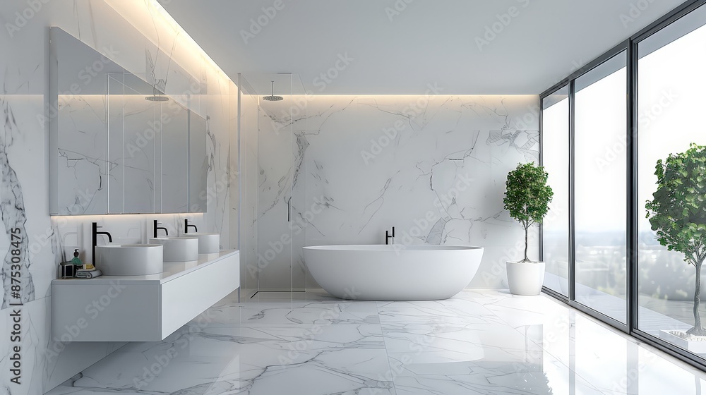 Modern bathroom with two sinks and a shower, minimalistic style, marble floor, and wall, interior design concept Modern bathroom with two sinks and a shower, minimalistic style, marble floor, and wall, interior design concept