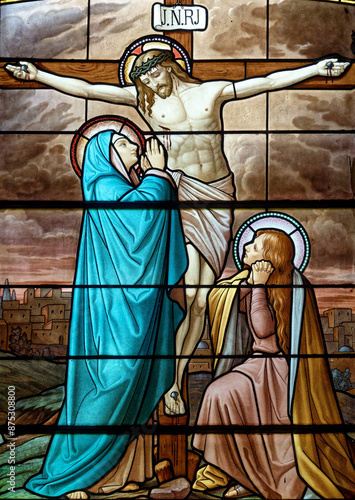 Obraz na płótnie Jesus Christ crucified on the cross represented with Marie and Saint John