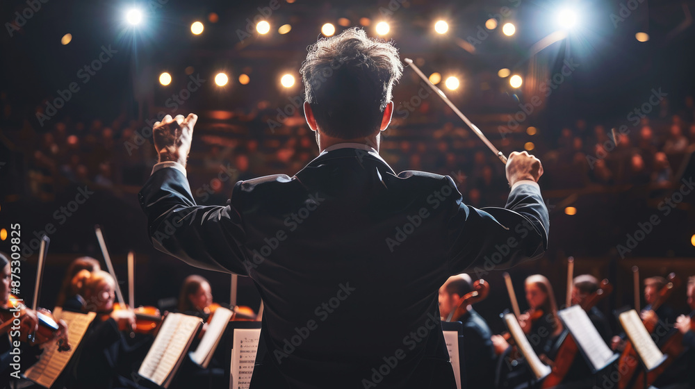 Obraz premium Back view shot of a conductor conducting his orchestra in a lights. 