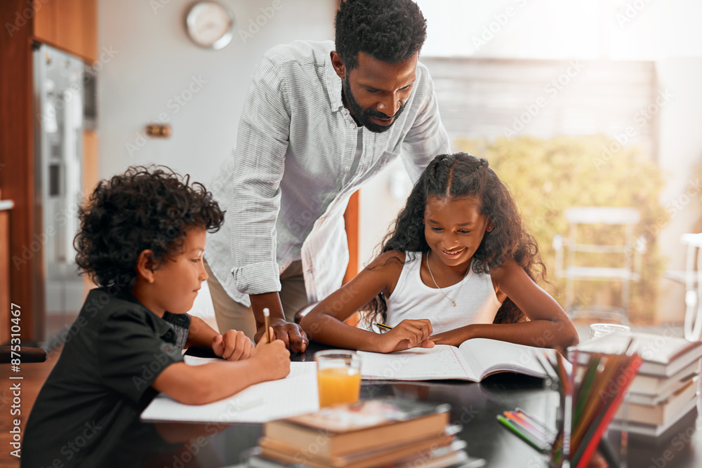 Father, children and books with homework for learning, guidance or help on kitchen table. Happy dad, kids or siblings studying together for education, knowledge or childhood development at house Father, children and books with homework for learning, guidance or help on kitchen table. Happy dad, kids or siblings studying together for education, knowledge or childhood development at house