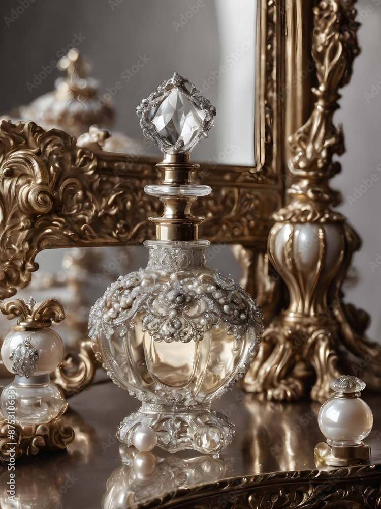 A timeless perfume bottle with elegant curves, placed on an antique dressing table with classic perfumes, pearls, and an ornate mirror in the background. A timeless perfume bottle with elegant curves, placed on an antique dressing table with classic perfumes, pearls, and an ornate mirror in the background.