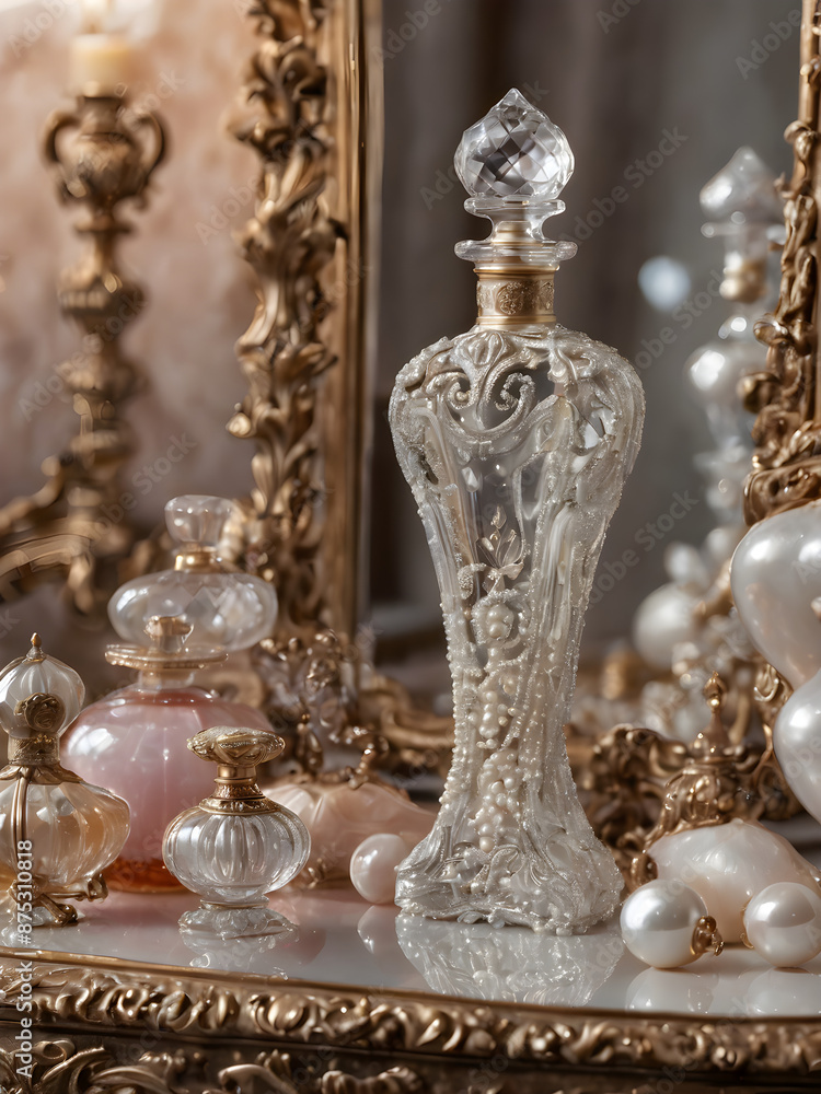 A timeless perfume bottle with elegant curves, placed on an antique dressing table with classic perfumes, pearls, and an ornate mirror in the background. A timeless perfume bottle with elegant curves, placed on an antique dressing table with classic perfumes, pearls, and an ornate mirror in the background.