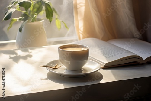 Wallpaper Mural Morning Serenity: A Photo-Realistic Latte and Open Book Scene in a Modern Living Room Torontodigital.ca