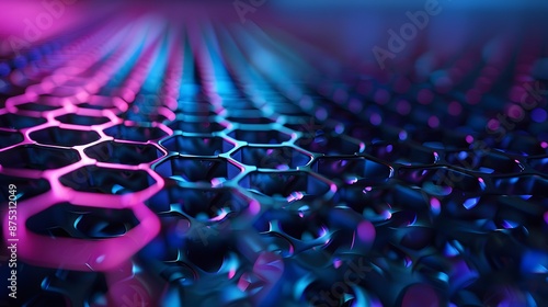 Close-up of advanced metallic hexagonal surface with vibrant neon lighting in blue and pink tones. Hexagonal Background.