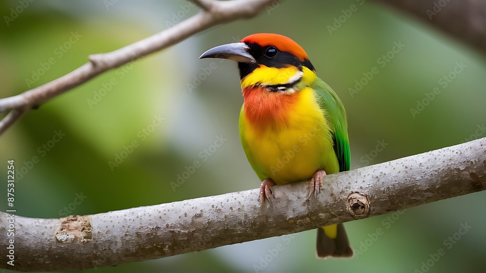 A colorful bird is perched on a branch with a green background A colorful bird is perched on a branch with a green background
