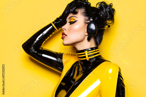 Sexy provocative young woman in a yellow latex outfit with headphones