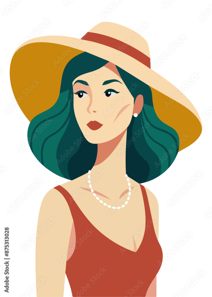 Vector trendy illustration of a beautiful woman in summer hat. The theme of summer holidays, vacation.