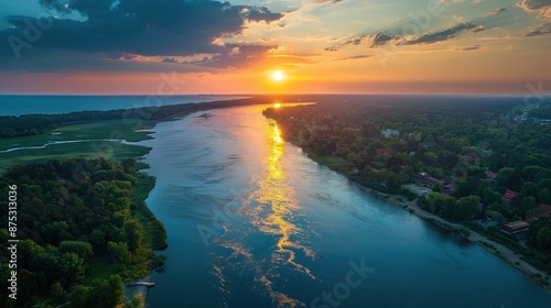 Aerial View of a River at Sunset photo