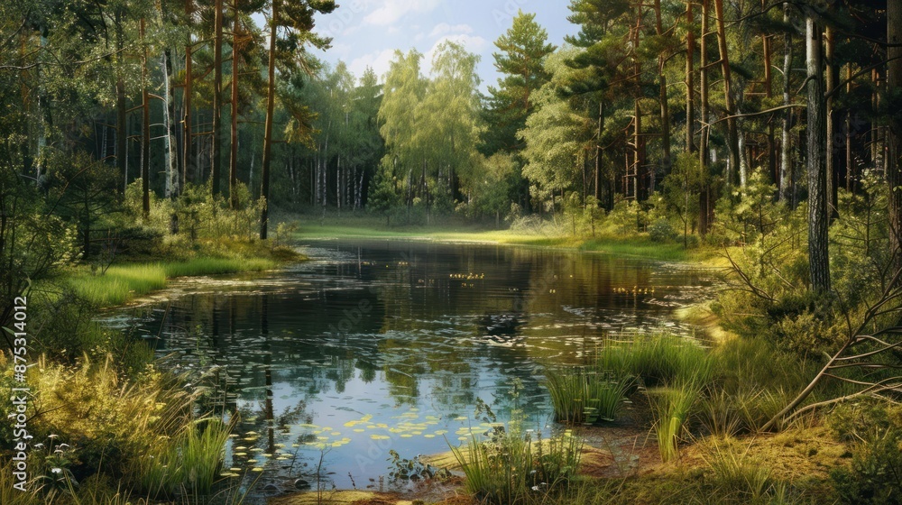 Beautiful lake surrounded by trees and a cloudy sky background Beautiful lake surrounded by trees and a cloudy sky background