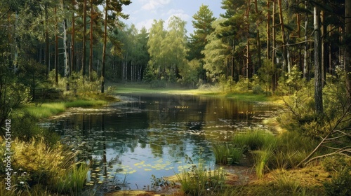 Beautiful lake surrounded by trees and a cloudy sky background