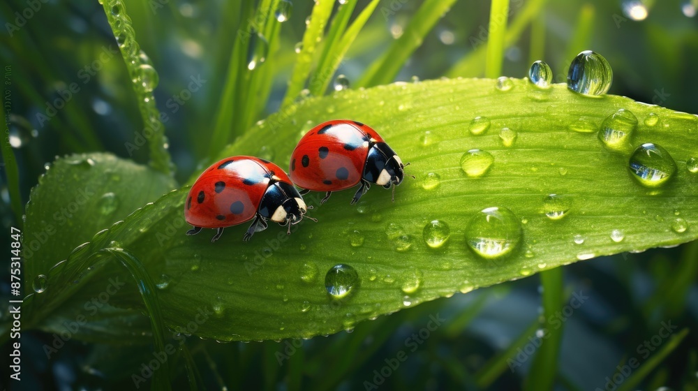 Two ladybugs with umbrellas on the grass Two ladybugs with umbrellas on the grass