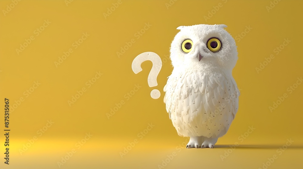 Surreal Snowy Owl Contemplating With 3D Question Mark on Vivid Chartreuse Background Surreal Snowy Owl Contemplating With 3D Question Mark on Vivid Chartreuse Background