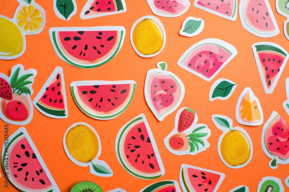 Colorful watermelon and fruit stickers scattered on a bright background. Illustration background image Colorful watermelon and fruit stickers scattered on a bright background. Illustration background image