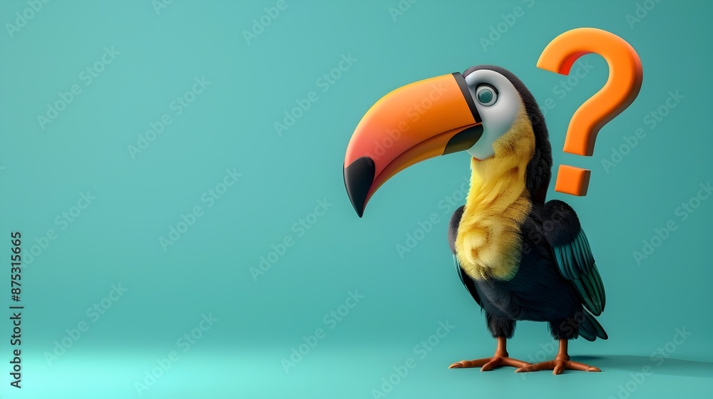 Fototapeta premium Surreal Toucan With Contemplative 3D Question Mark on Vivid Teal Background