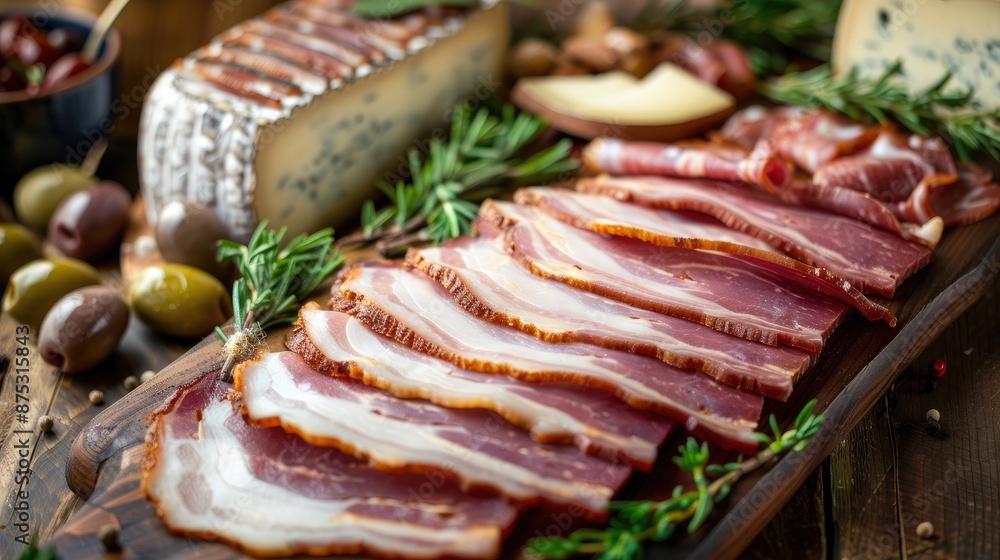 Close-up of a delicious charcuterie board with sliced cured meat, cheese, olives, and herbs, perfect for gourmet appetizers. Close-up of a delicious charcuterie board with sliced cured meat, cheese, olives, and herbs, perfect for gourmet appetizers.