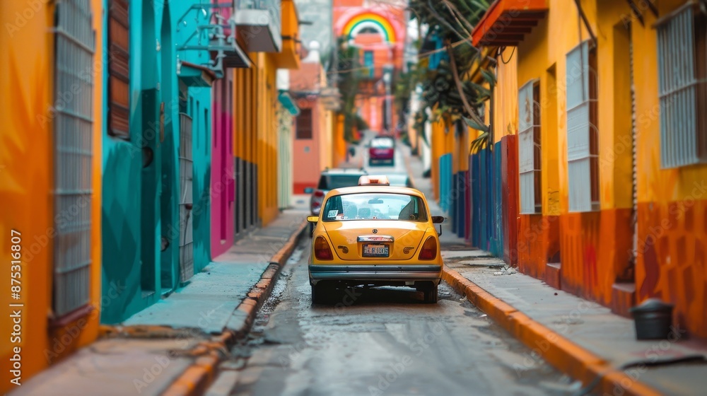 Fototapeta premium Taxi cab navigating a labyrinth of colorful streets AI generated illustration
