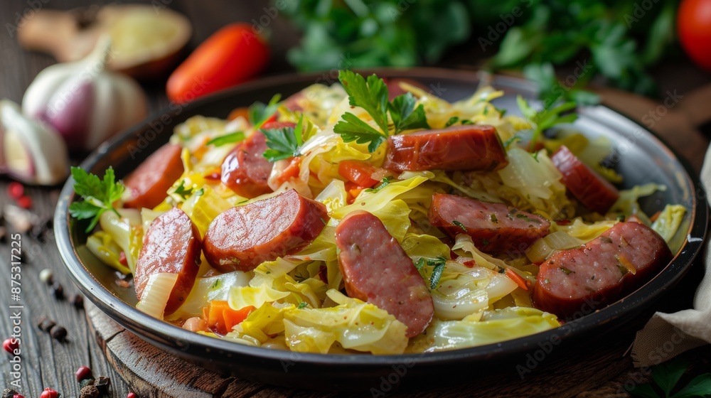 French cuisine. Savoy cabbage with smoked sausages. French cuisine. Savoy cabbage with smoked sausages.