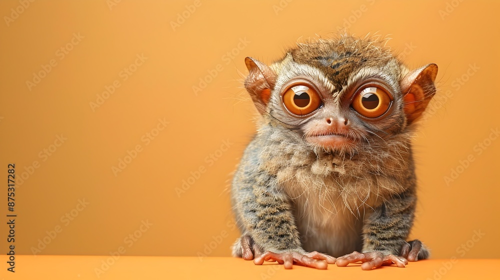Surreal of Alert Tarsier Face on Plain Color Background Surreal of Alert Tarsier Face on Plain Color Background