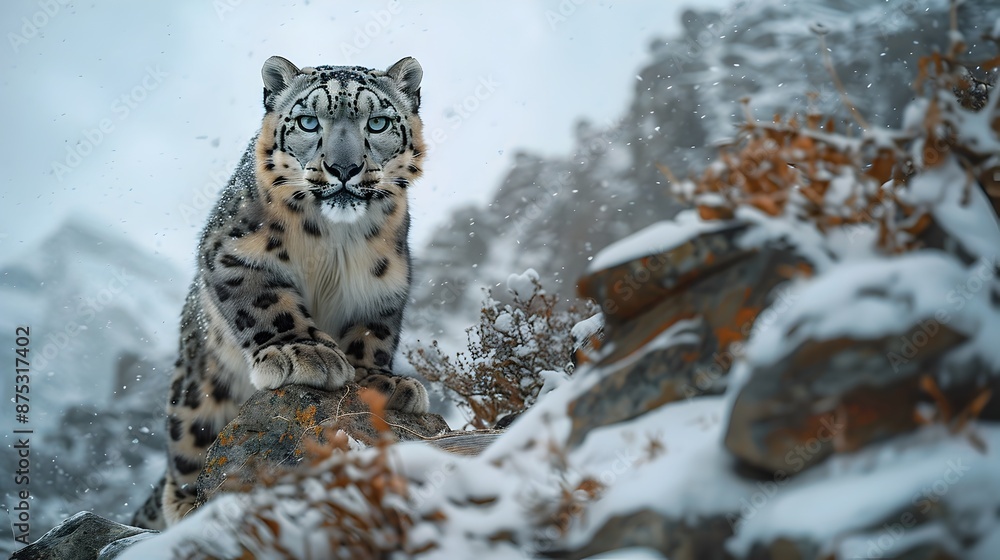 Fototapeta premium Majestic Snow Leopard Prowling Through Icy Alpine Landscape
