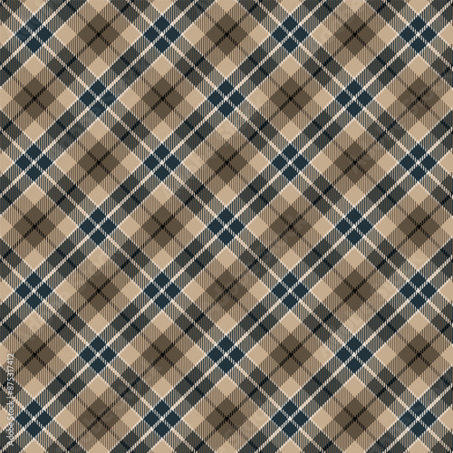 Plaid with twill weave repeat pattern.Gingham seamless pattern in brown and dark blue.Checkered tartan  Geometric graphic vector illustration background design for fabric and print.