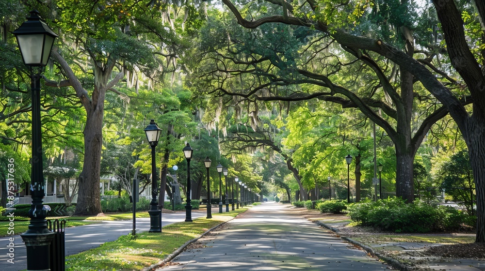 Fototapeta premium Tree-lined streets with old-fashioned lampposts AI generated illustration