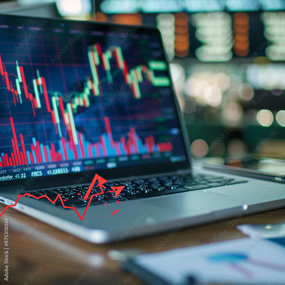 Close-up of a laptop on an office desk showing downward falling arrows and a map on a blurry background. Concept of stock or financial market crash, crisis. Close-up of a laptop on an office desk showing downward falling arrows and a map on a blurry background. Concept of stock or financial market crash, crisis.
