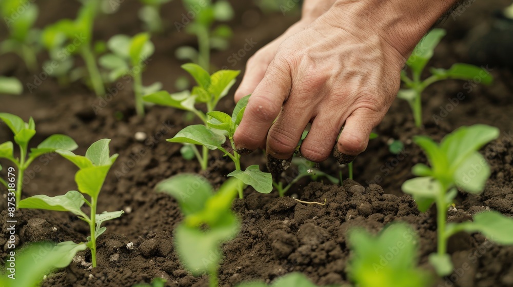 A hand is planting seeds in the dirt A hand is planting seeds in the dirt