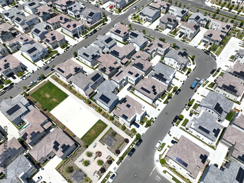 Aerial view of middle class community identical condominium houses, Lake Forest, South California, USA. Aerial view of middle class community identical condominium houses, Lake Forest, South California, USA.