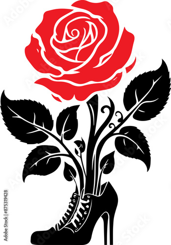 Artistic illustration of a red rose growing from a black high heel shoe, representing beauty and nature intertwined.