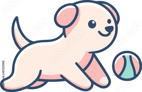 Cute cartoon puppy playing with a ball. Adorable and playful illustration perfect for pet-themed designs and children's content.