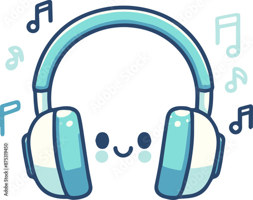 Cute cartoon headphones with a smiling face and musical notes, perfect for music-related designs or children's illustrations.