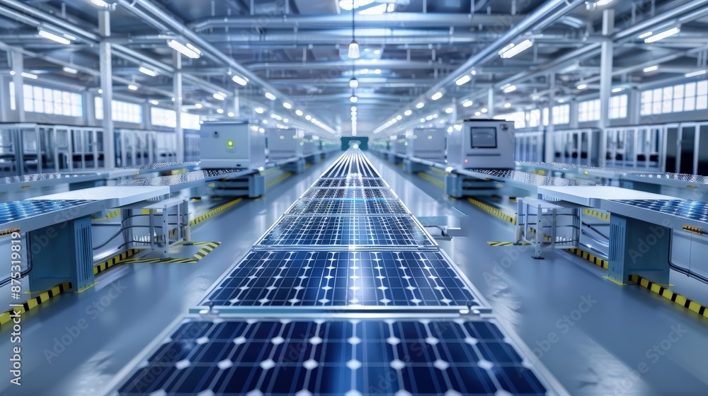 Fototapeta premium A factory with a large number of solar panels. Scene is industrial and futuristic