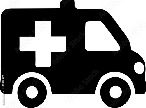 Black and white ambulance icon with cross, representing emergency response and healthcare services, shown in a minimalist style.