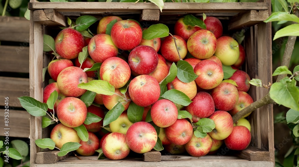 A stunning photo of freshly picked apples in a wooden crate A stunning photo of freshly picked apples in a wooden crate