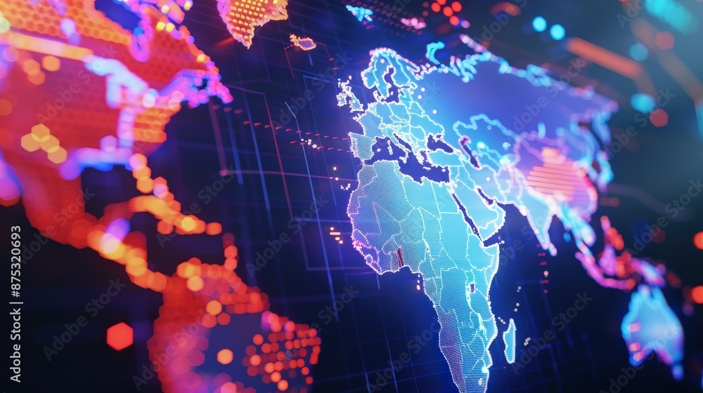 Obraz premium A colorful map of the world. The map is made up of many small dots, giving it a pixelated appearance. The colors of the map are bright and vibrant