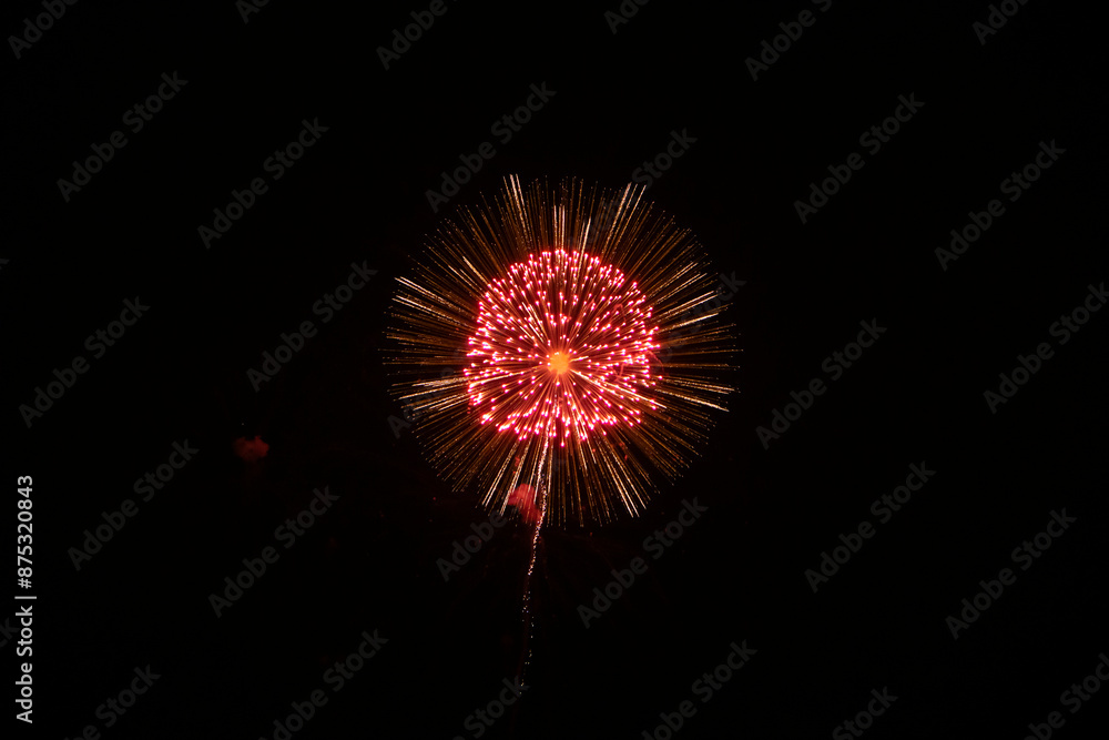 Japanese fireworks furing the firework festival. Fireworks on the dark sky background. Beautiful fireworks on the dark sky background in the city. Japanese fireworks furing the firework festival. Fireworks on the dark sky background. Beautiful fireworks on the dark sky background in the city.