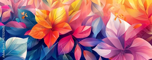 Colorful abstract floral background with geometric leaves and petals, perfect for modern art wallpaper.