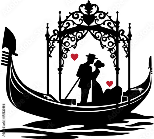 Romantic silhouette of a couple kissing on a gondola, beautifully adorned with hearts, perfect for Valentine's Day and wedding themes.