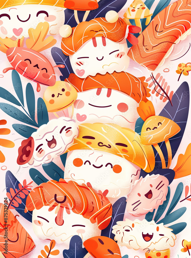 Obraz premium Cheery Sushi and Shio SoymJason's Friendship Day Invitation with Colorful Cartoon Characters, Pastel Backgrounds, and Heartwarming Gestures, Summer Stock Vector Illustration