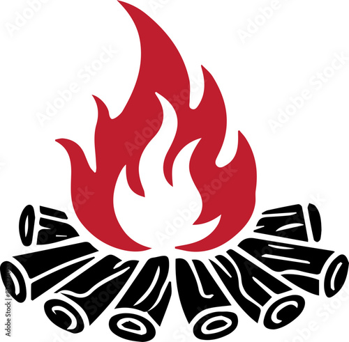 Vector illustration of a campfire with red flames and black logs, perfect for camping, outdoor, and adventure-themed designs.