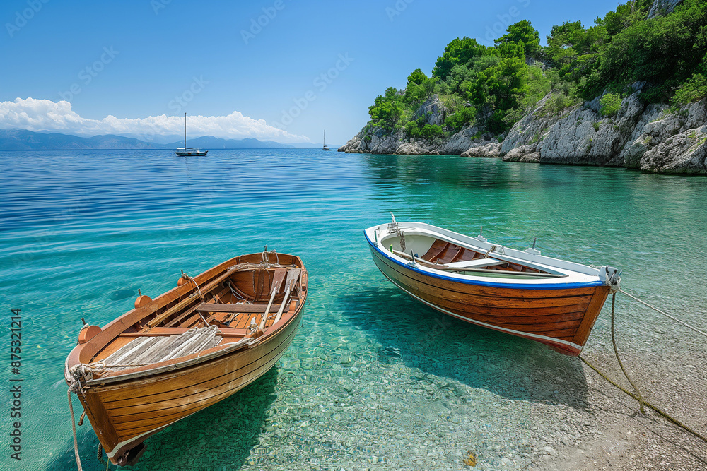 Fototapeta premium Boats anchored near the shore with clear, calm waters.