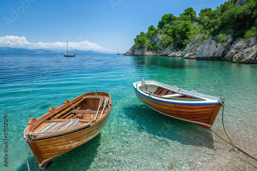 Boats anchored near the shore with clear, calm waters. © P2man