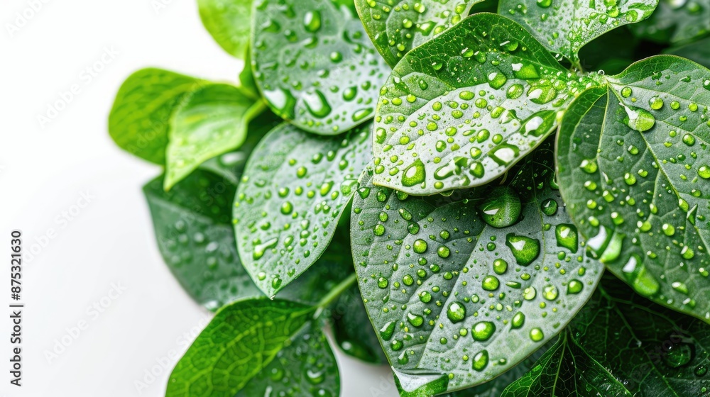 Close-up of lush green leaves with water droplets on a white background, emphasizing freshness and natural beauty. Close-up of lush green leaves with water droplets on a white background, emphasizing freshness and natural beauty.