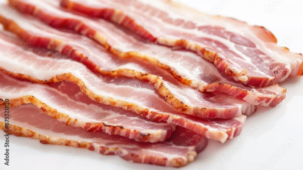 Close-up of perfectly sliced raw bacon strips on a white background, ideal for breakfast recipes, food blogs, and culinary applications. Close-up of perfectly sliced raw bacon strips on a white background, ideal for breakfast recipes, food blogs, and culinary applications.