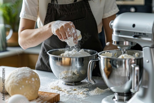 Woman mixing flour in the bowl of a stand mixer while making dough at a bakery table